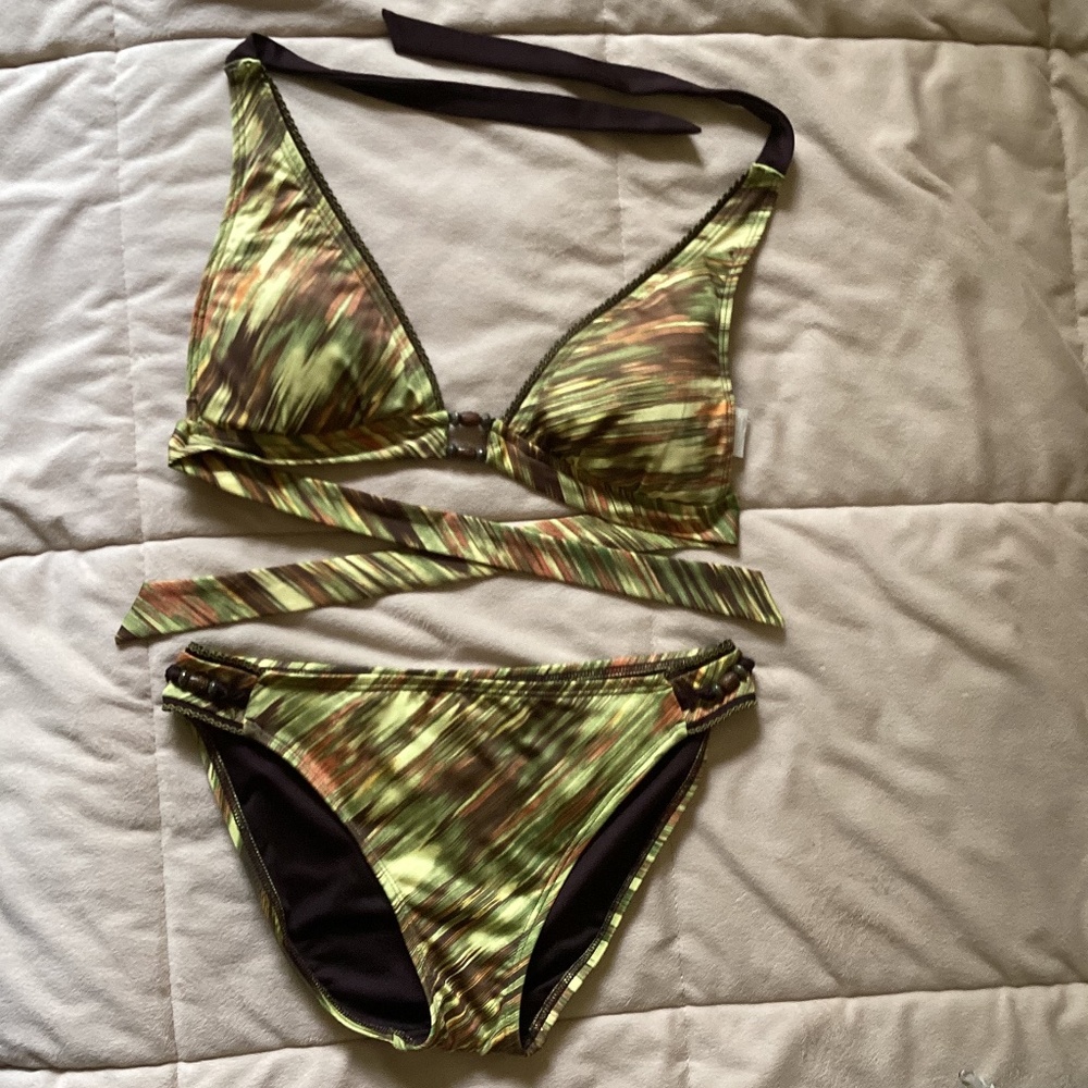 Lucky Brand Triangle Halter Bikini Set Green Brown Orange Abstract Print w/Beads